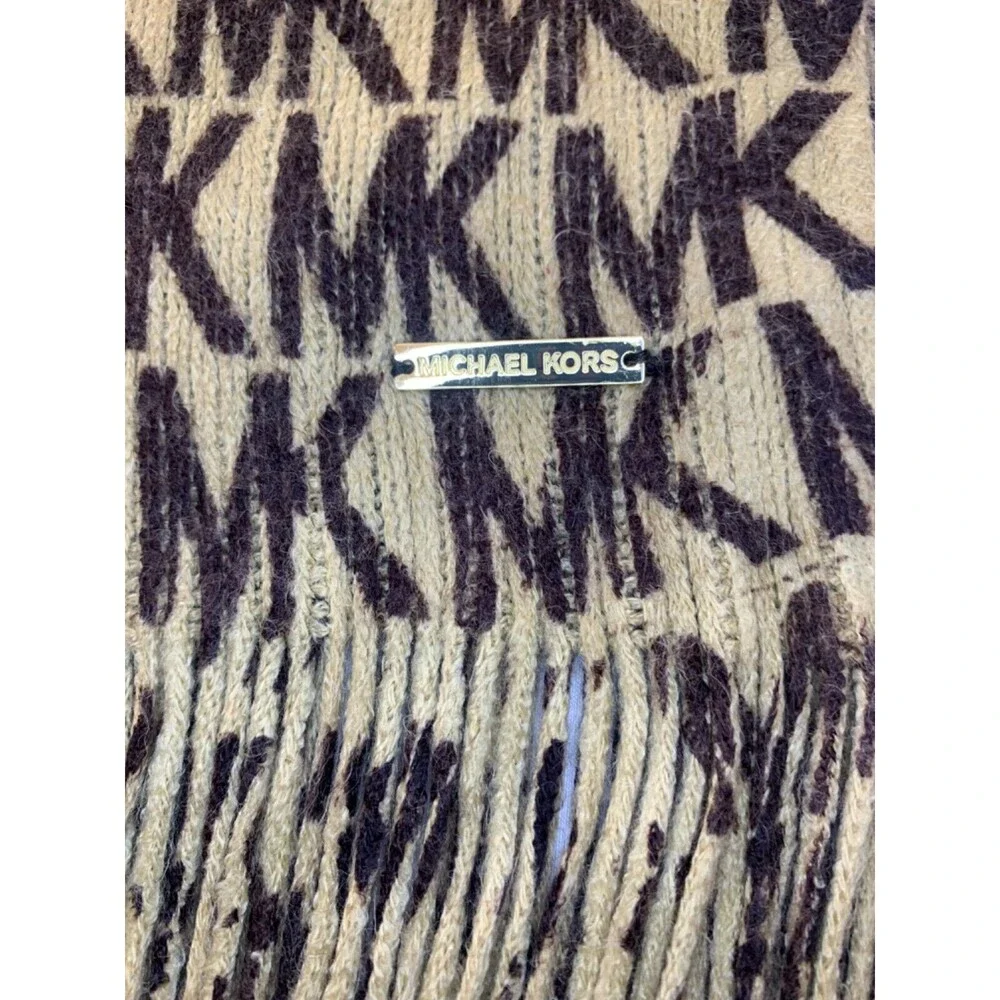 Michael Kors Monogram Fringe Scarf Tan Brown MK Logo Soft Long 72x10